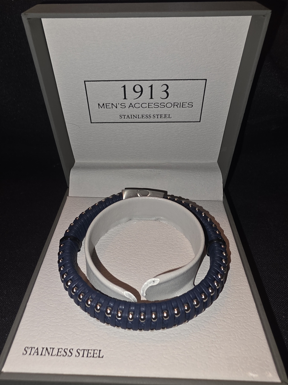 1913 Men's Navy Braided Leather Bracelet with Stainless Steel Stud Accents